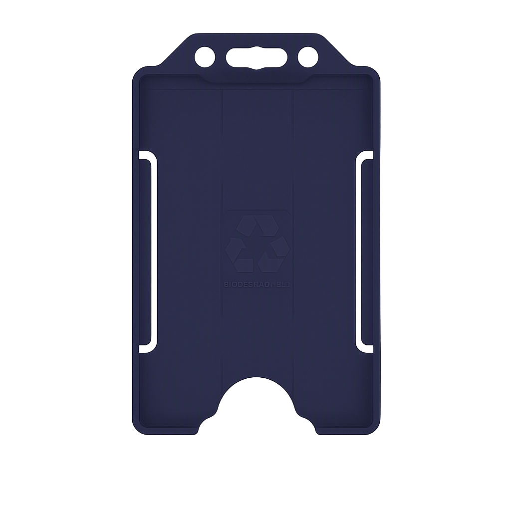 Dark blue double sided portrait ID card holder on a transparent background