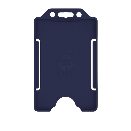 Dark blue double sided portrait ID card holder on a transparent background
