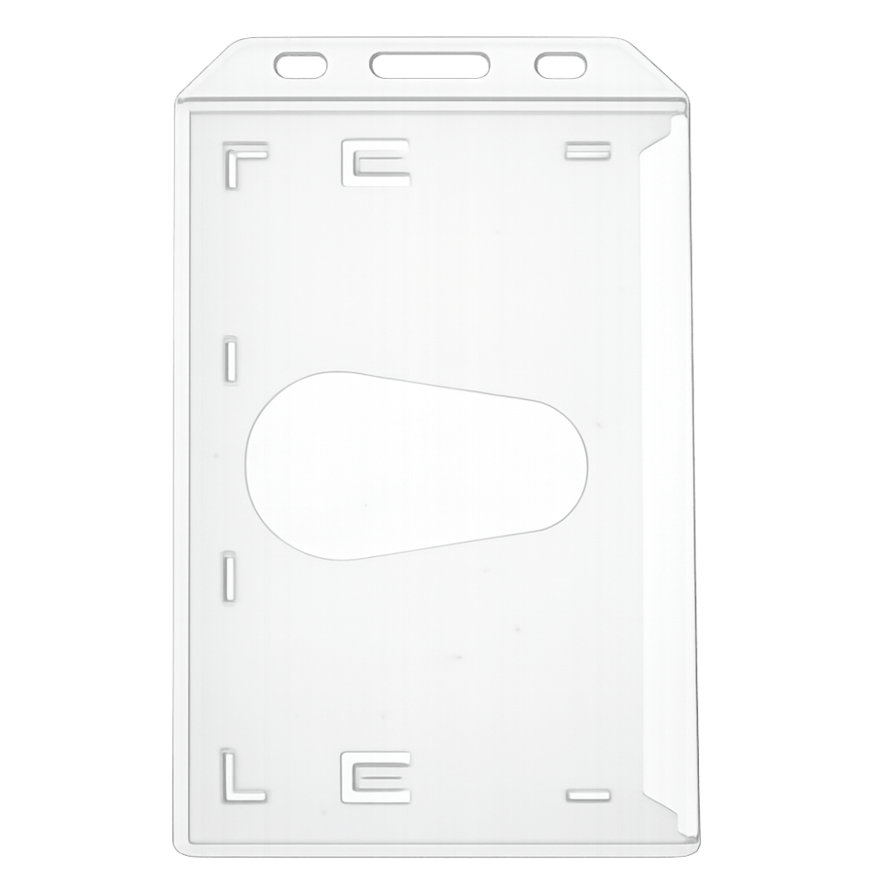 A clear plastic ID badge holder cover with a central oval cutout and pre-drilled slots at the top.