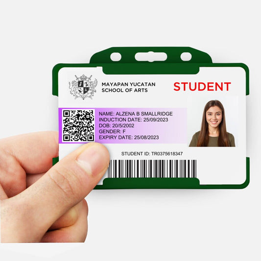 Dark green landscape ID card holder on a transparent background being held