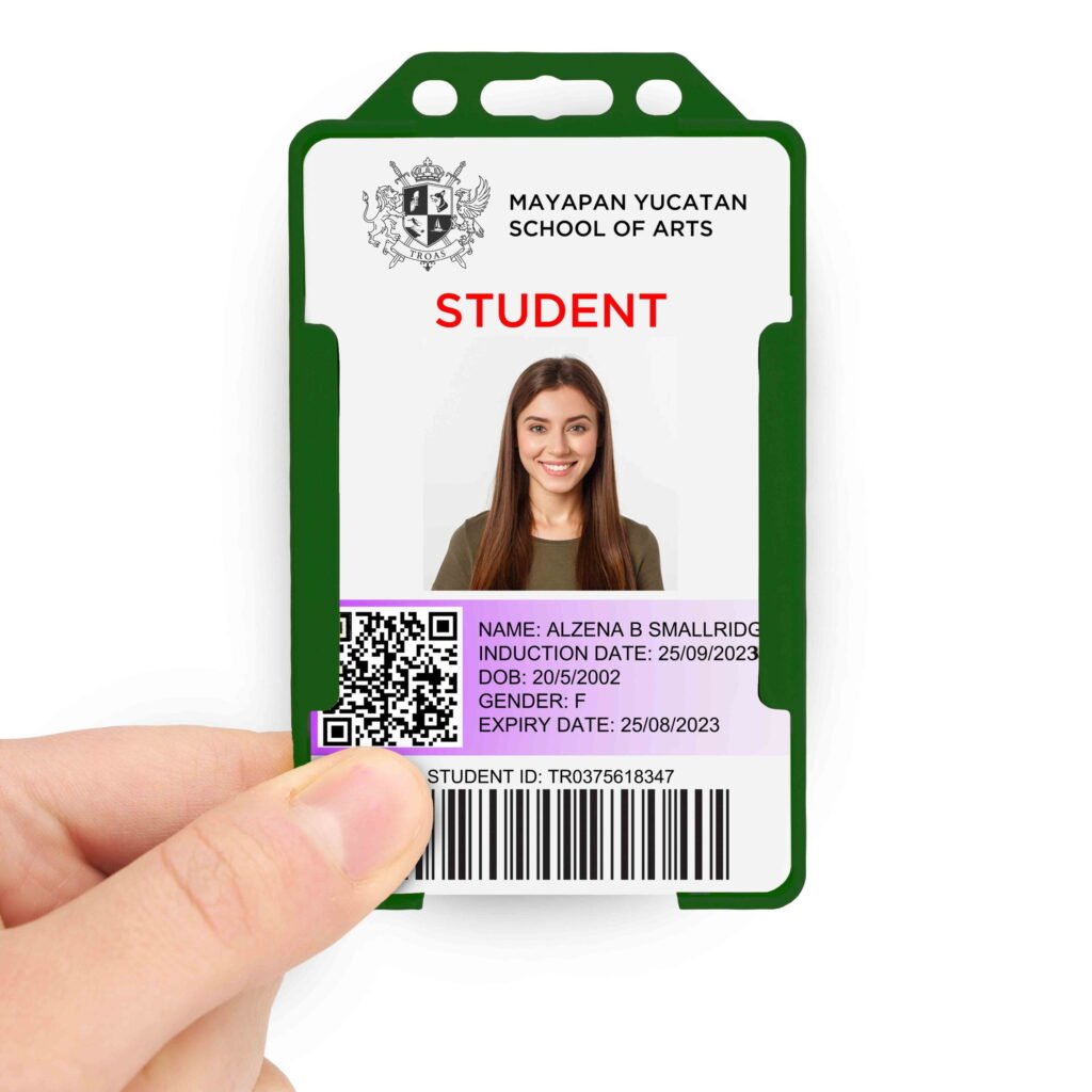 Green portrait ID card holder on a transparent background being held