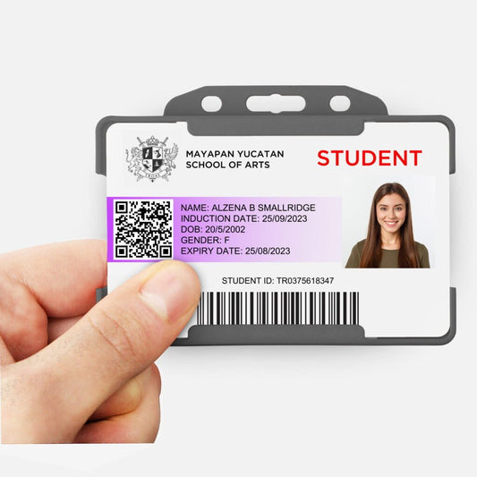 Grey landscape ID card holder on a transparent background being held
