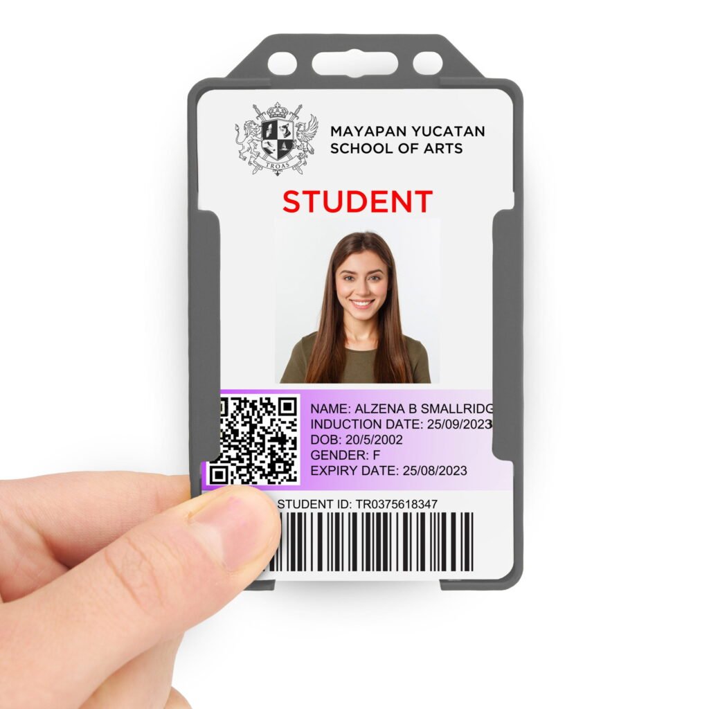 Grey portait ID card holder on a transparent background being held 