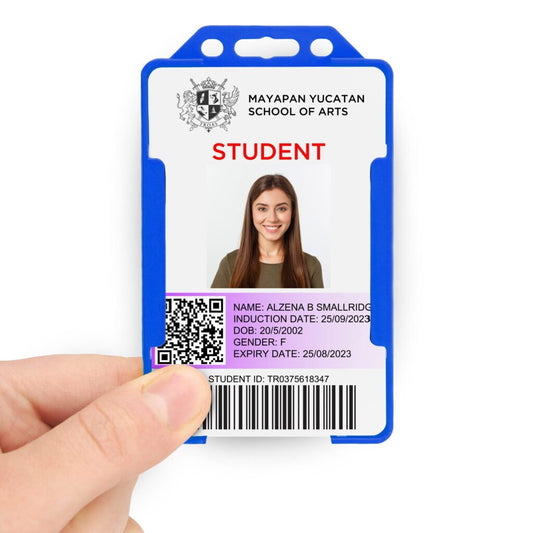 Light blue double sided portrait ID card holder on a transparent background being held