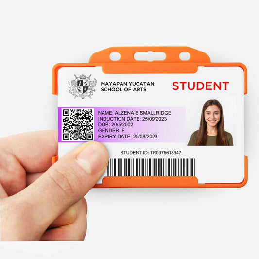 Orange landscape ID card holder on a transparent background being held