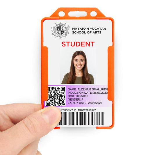 Orange portrait ID card holder on a transparent background being held