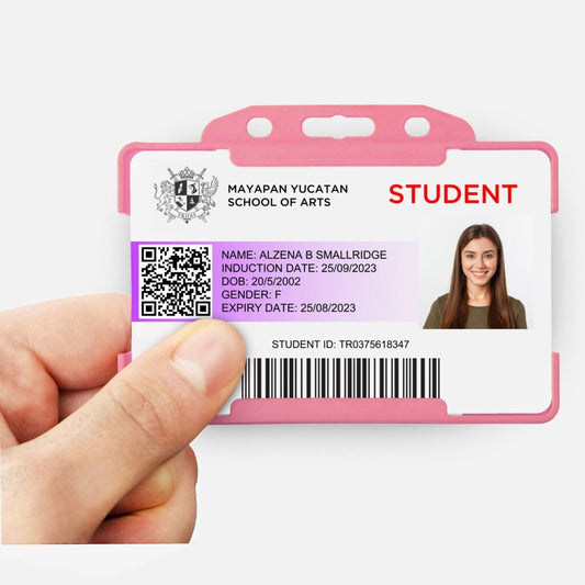 Pink landscape ID card holder on a transparent background being held
