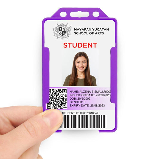 Purple portrait ID card holder on a transparent background being held