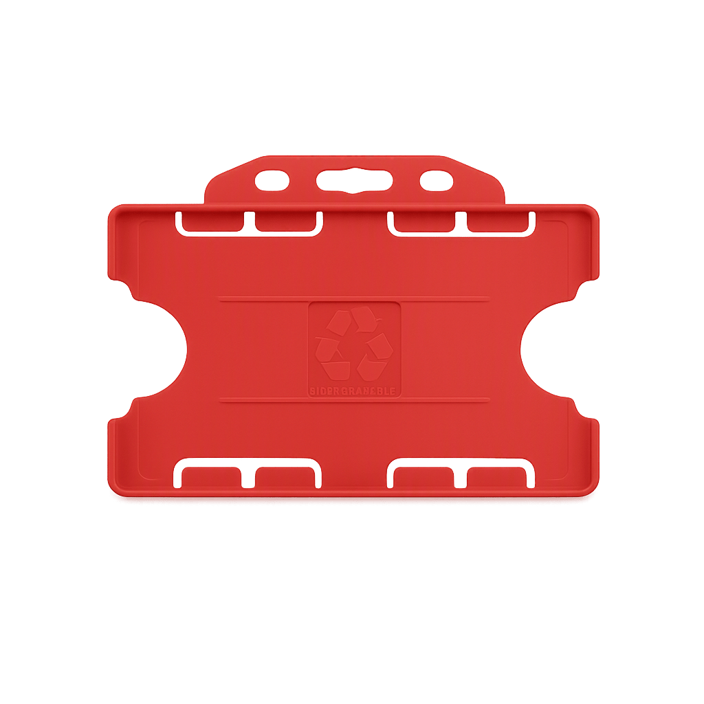 Red double sided landscape ID card holder on a transparent background