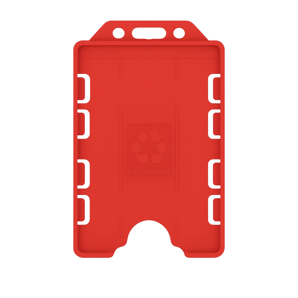 Red double sided portrait ID card holder on a transparent background