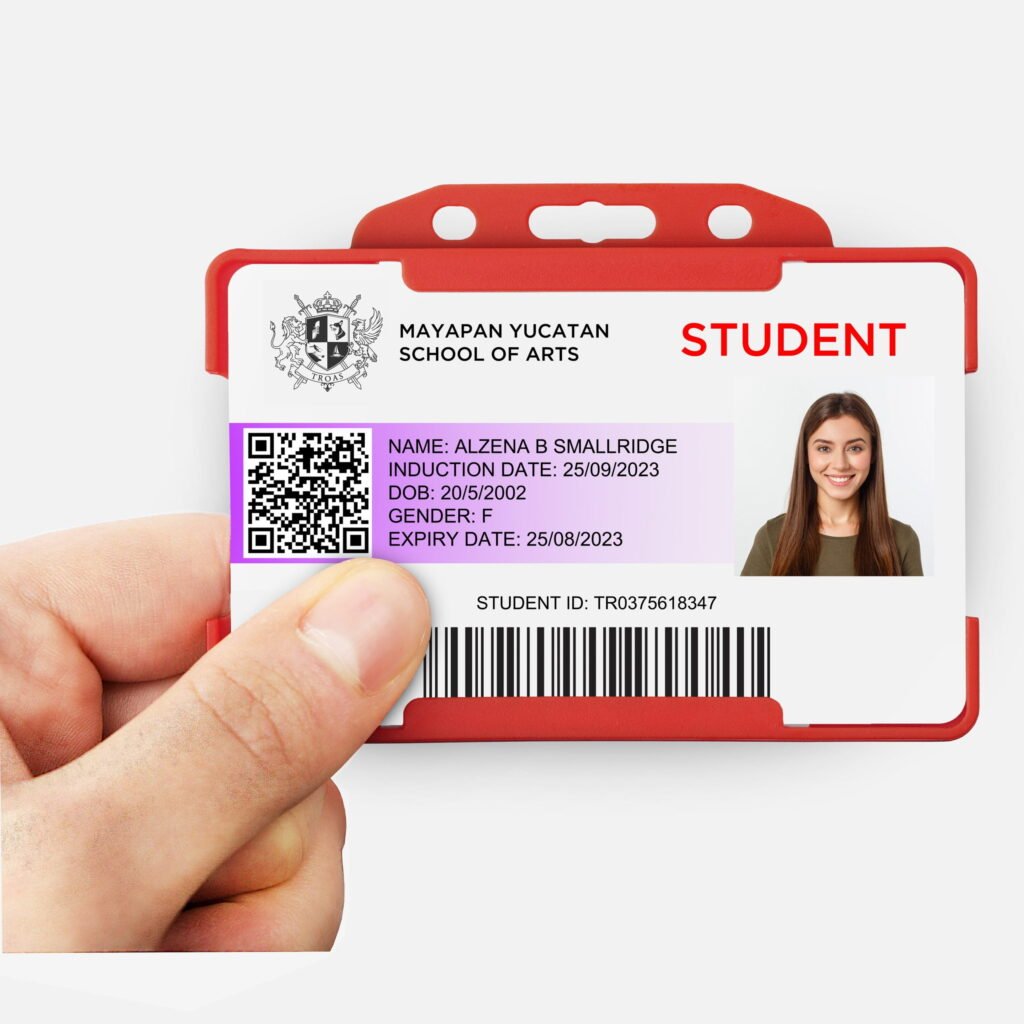 Red landscape ID card holder on a transparent background being held