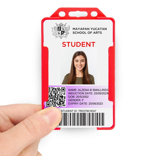 Red portrait ID card holder on a transparent background being held