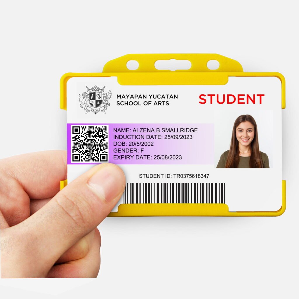 Yellow double sided landscape ID card holder on a transparent background being held