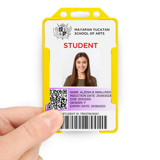 Yellow portrait ID card holder on a transparent background being held